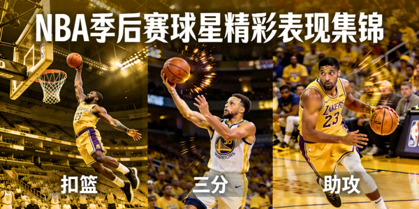 NBA季后赛球星精彩表现集锦，包括扣篮、三分和助攻镜头