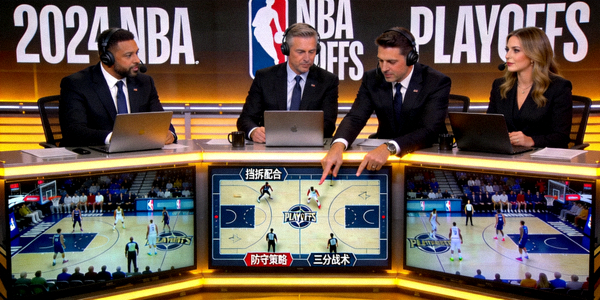 NBA季后赛专业解说团队工作场景，分析比赛战术